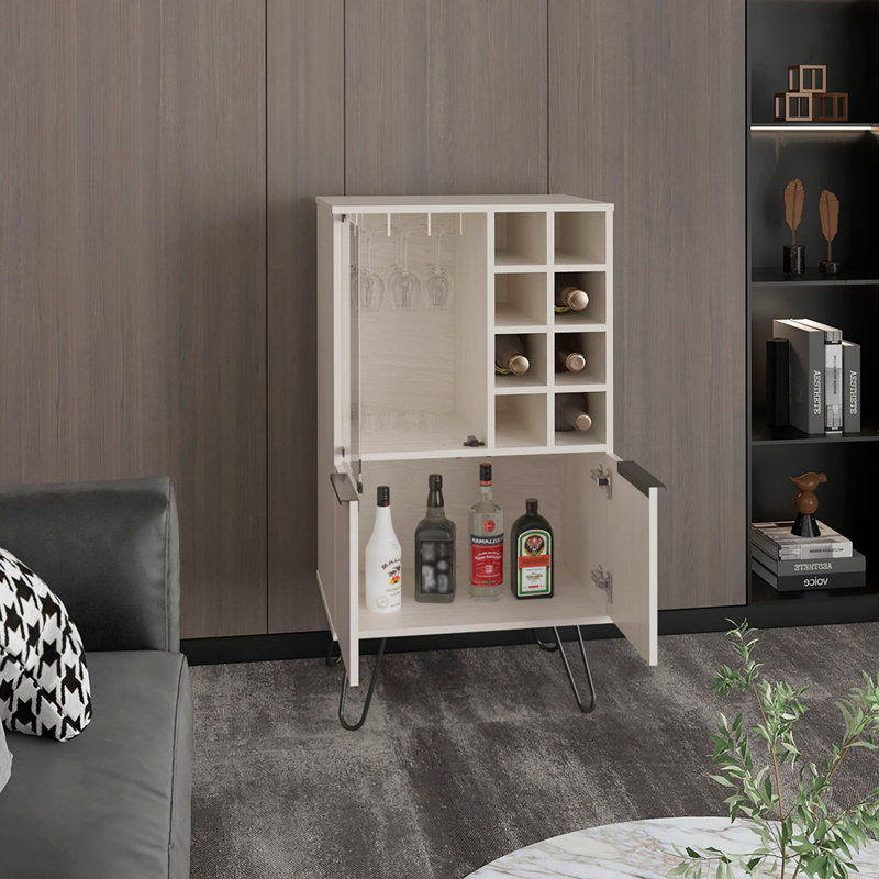 Armoire de bar à deux portes de 23 po de largeur et porte en verre, huit casiers à bouteilles et verres à pied, Blanchies