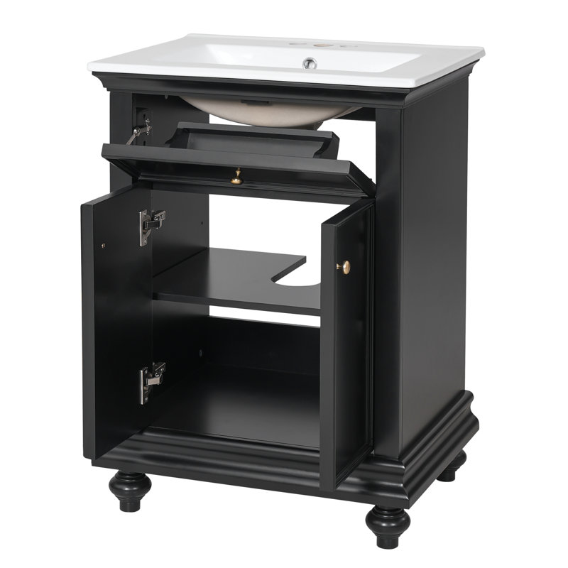 Meuble-lavabo moderne de 61 cm (24 po) avec lavabo en céramique, design à panneaux surélevés et pieds tournés vers le haut, tiroir basculant, étagère réglable et charnières à fermeture douce.