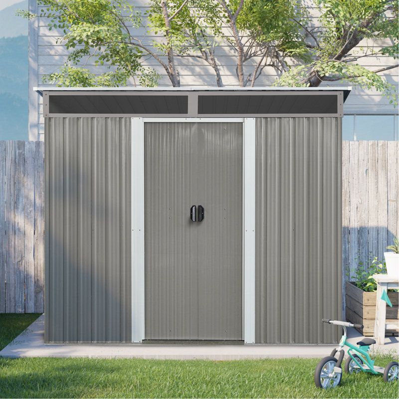 Rangement extérieur en métal avec portes coulissantes verrouillables et plaque transparente pour le jardin, pelouse (gris)