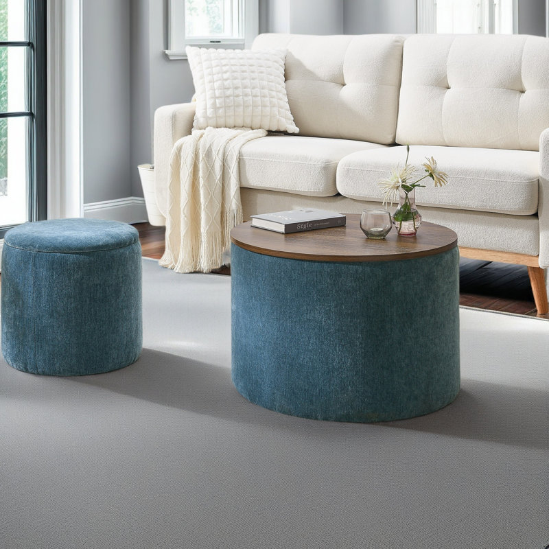 2-Piece Set Round Chenille Storage Ottoman, Equipped With A Drum Shaped Small Stool, Storage Space, And MDF Made Desktop Panel