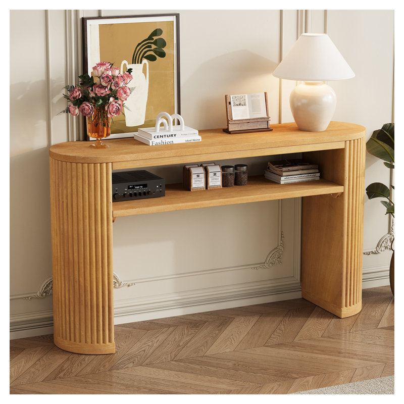 TREXM Rustic Console Table with Fluted Legs, Natural Solid Wood Veneer Farmhouse Entryway Table