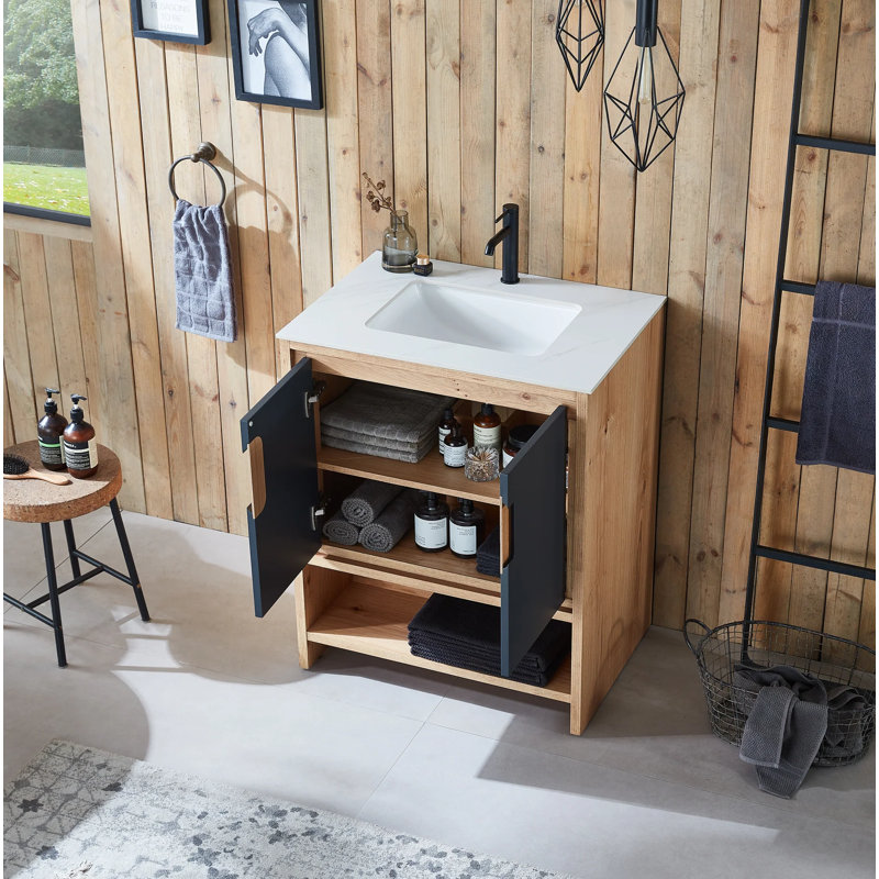 Meuble-lavabo simple 30 po avec plateau en quartz Diani, Noir nuit / érable, Blanc