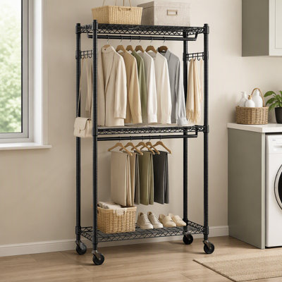 Rolling Garment Rack, Three Tier Adjustable Wire Shelving with Two Hanging Rods and Side Hooks, Black