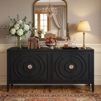 60" Retro 4-Door Sideboard Cabinet with Circular Groove Design, Black