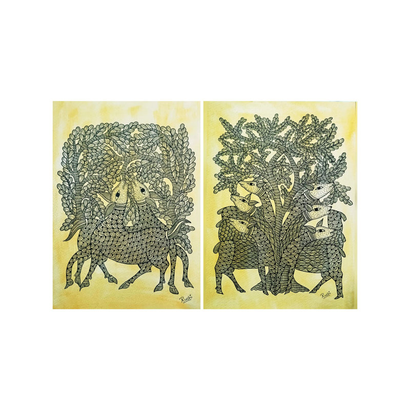 Magnifique ensemble de 2 aquarelles et fineliners sur papier par Ruchi - Paire d'art mural nature pour décor de salon