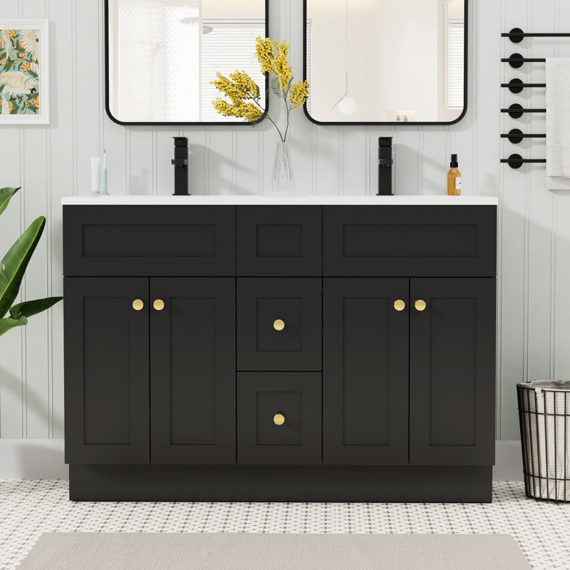 Ensemble de meuble-lavabo double 48 po avec plateau en résine, assemblage requis, Noir