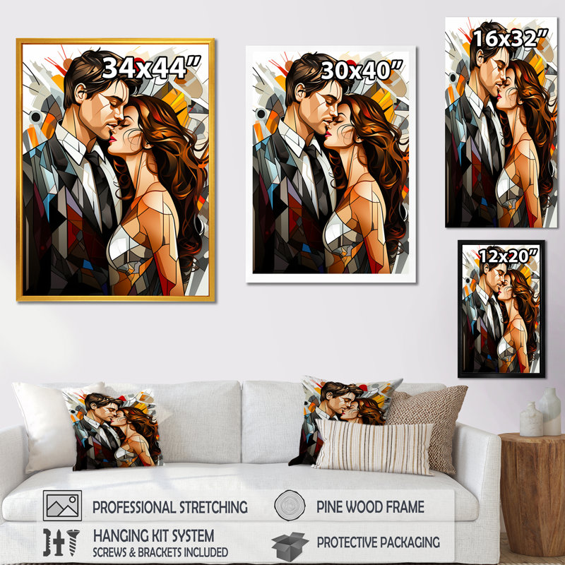 Portrait de couple abstrait en mosaïque, Cadre doré simple, H 44 po x l 34 po x P 1,5 po