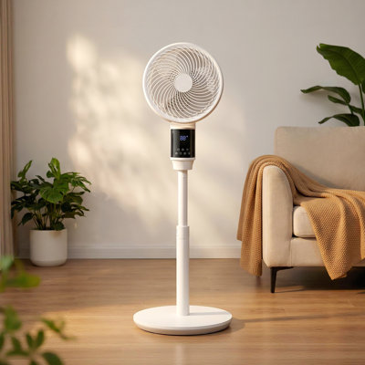 Ventilateur sur pied de 23 cm (9 pouces), oscillant à 80°, avec moteur CC silencieux, 9 vitesses et 4 modes intelligents, minuterie 24 h, télécommande, hauteur réglable, chambre, salon, blanc, conçu pour la maison