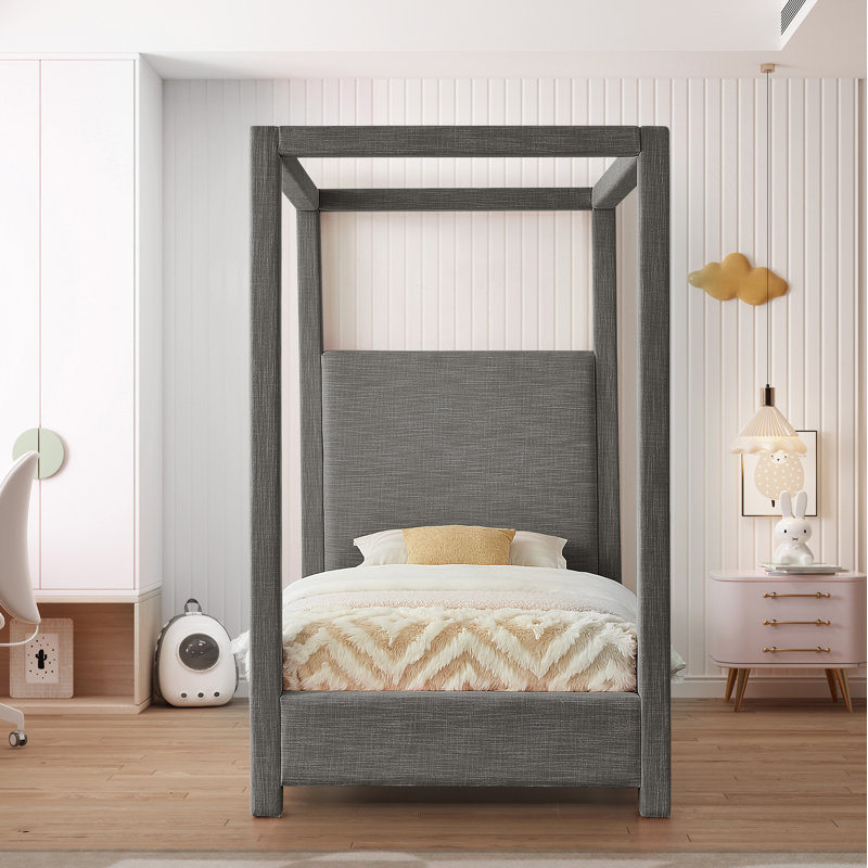 Bois massif Dunwich et plateforme rembourrée, Lin gris, Simple