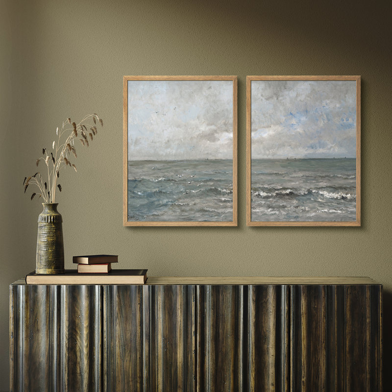 Ensemble 2 pièces d'art mural vagues et voiliers océaniques, H 14 po x l 11 po, Naturel
