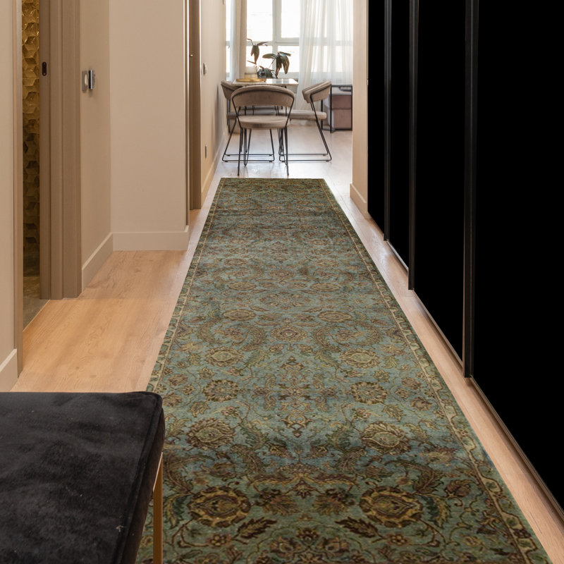 Chemin de table bleu et vert noué à la main de haute qualité