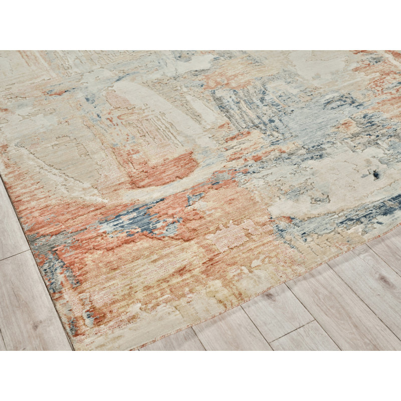 Infinity Power Loomed Wool/Nylon Abstract Area Rug in Ivory/Blue/Terracotta, Rectangle 4' x 6'