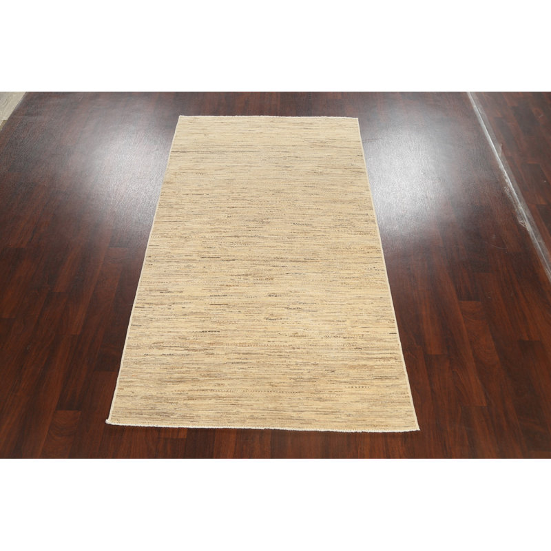 Tapis beige en laine noué à la main de conception unique 4 pi 7 po x 7 pi 11 po New Age