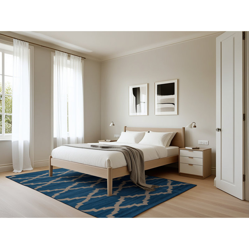 Tapis bleu en treillis lavable à la machine, Rectangle 5 pi x 7 pi