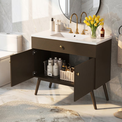 36" Striped Bathroom Vanity, Soft-Close Dual-Door Storage & Premium Ceramic Sink, 36" L x 18.3" W x 34" H, MDF, Pine, 1 Piece, Bathroom Vanity, Dark Brown, Soft Close, Ceramic Sink