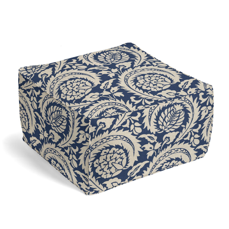 Upholstered Pouf, Indigo Cotton Blend/Rayon/Viscose