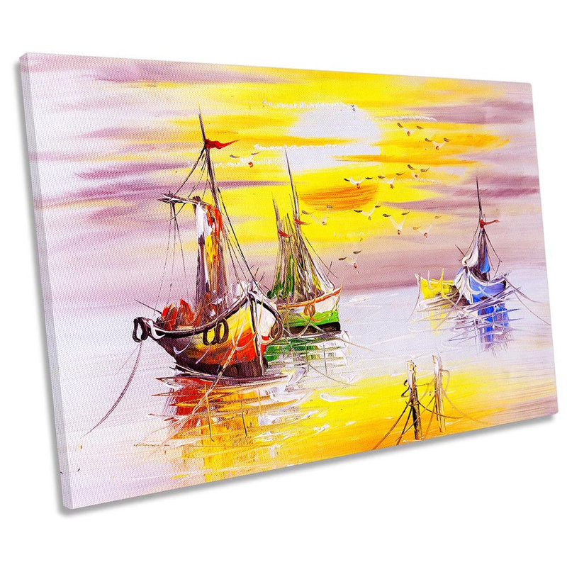 Fishing Boats Sunset Yellow Framed - Wrapped Canvas Print, 30.5cm H x 45.7cm W x 2cm D