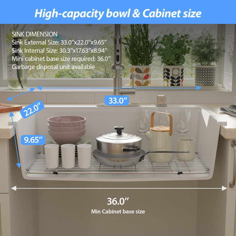 Quartz 33" L x 22" W Granite Composite Workstation Kitchen Sink Single Bowl Drop In Kitchen Sink, White