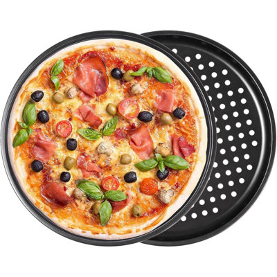 Pizza Tray for Oven, 4 Pack Round Pizza Pan with Folding Pizza Rack, 11 inch Non-Stick Bakeware with Holes & Silicone Gloves, for Baking, Cooking, Grilling