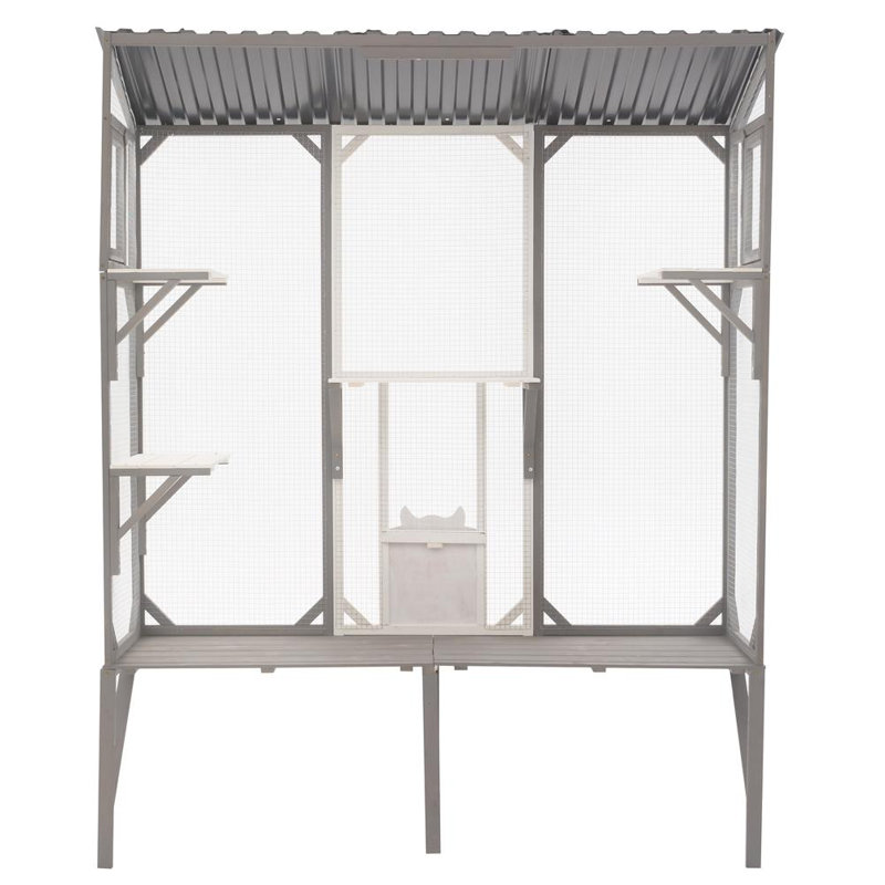 Enceinte d'extérieur Catio avec toit, grand parc pour chat en bois avec plateformes, Gris / Blanc