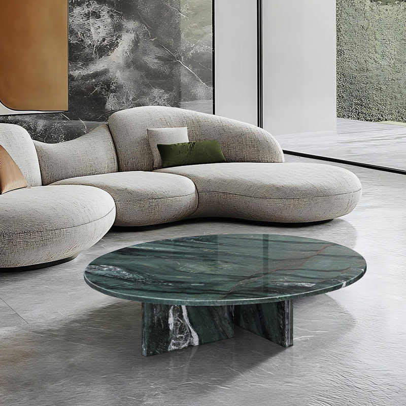 Table basse luxueuse en marbre naturel vert, pièce maîtresse du salon en pierre véritable avec veines uniques, Green