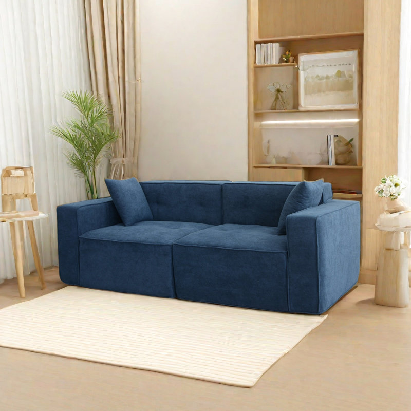 Lit en lin bleu avec 3 sièges et siège de rangement pratique, Bleu