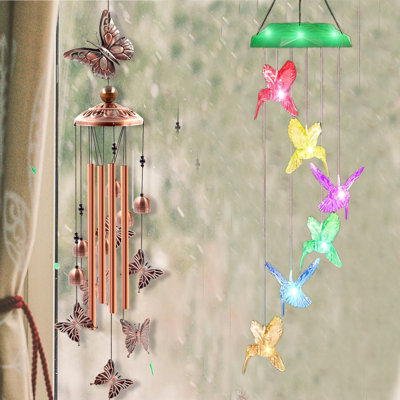 Butterflies Aluminum Tube Windchime and Solar Hummingbird Wind Chimes