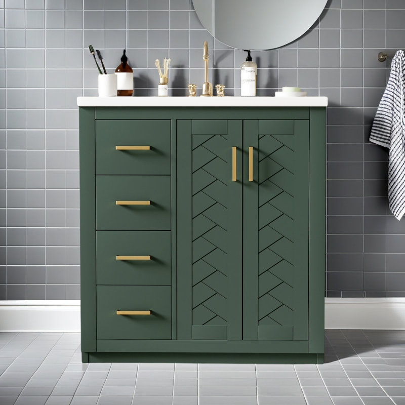 Ensemble de meuble-lavabo 30 po avec lavabo en céramique, armoire de rangement en bois massif, ensemble de meuble-lavabo autoportant avec 3 tiroirs et portes à fermeture douce