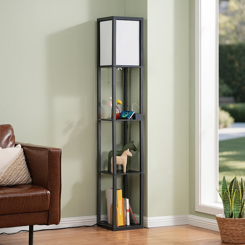 63" Column Floor Lamp with 3-Tier Shelves And AC Outlet/USB-A/USB-C Charging Port