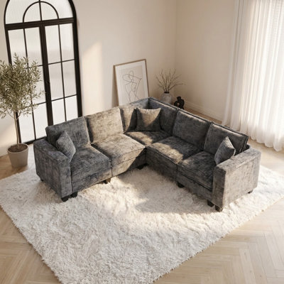 Canapé d'angle en L de 226 cm (89 po), canapé d'angle 5 places avec accoudoirs et rangement dissimulés, canapé d'angle Cloud confortable en chenille avec 3 coussins, canapés profonds modernes pour salon, gris