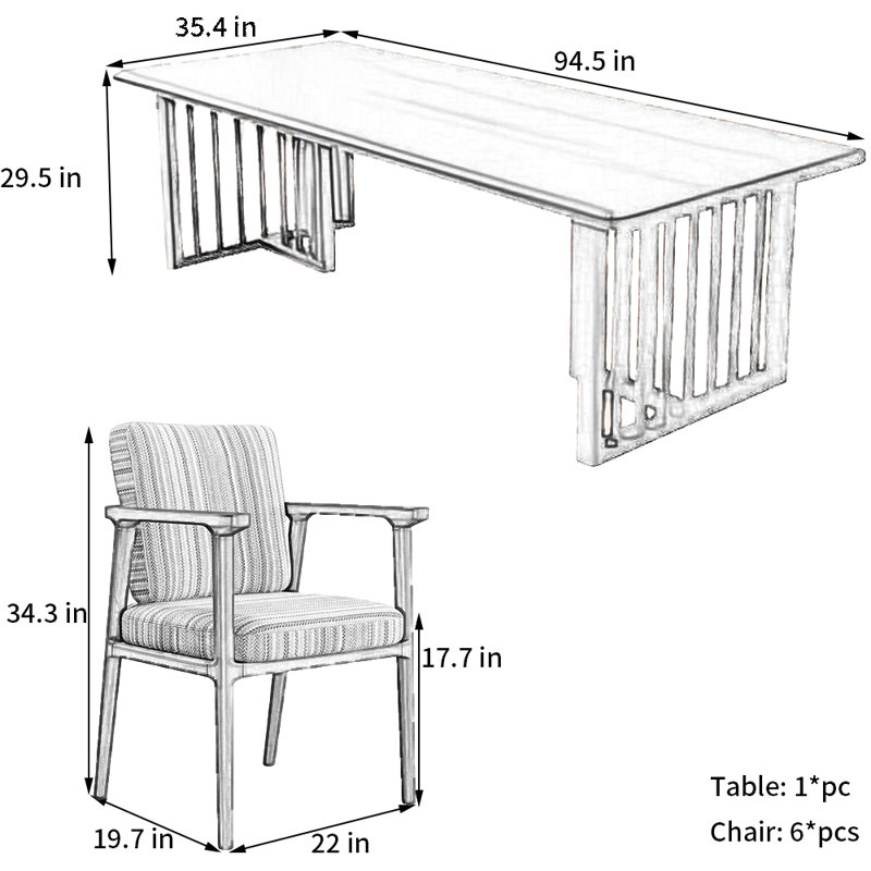 Cherry Wood Rectangular Home Dining Set, 29.5" H x 35.4" W x 94.5" L