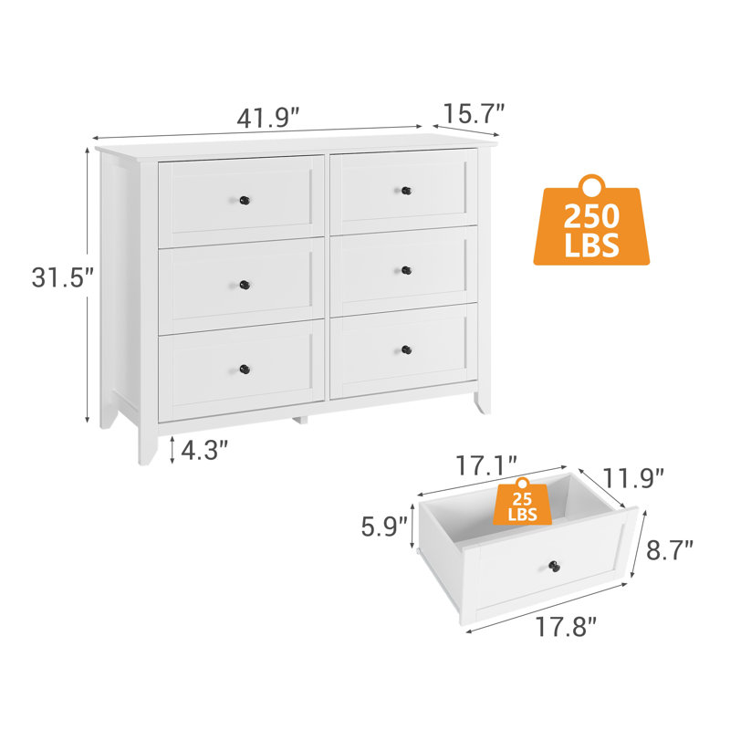 6 Drawer Dresser, White