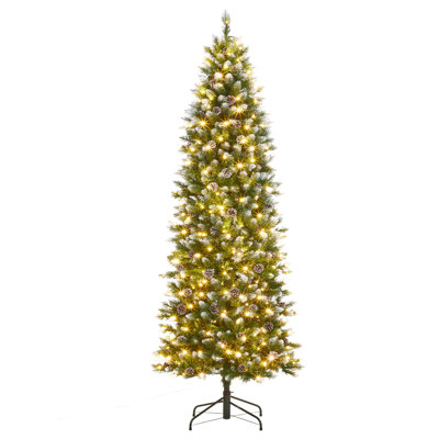 Arbre de Noël 12 pi avec lumières minces pré-éclairées - lumières DEL, pommes de pin, branches floquées, support en métal pliable - grand décor intérieur / extérieur mince pour la maison, le bureau et la fête