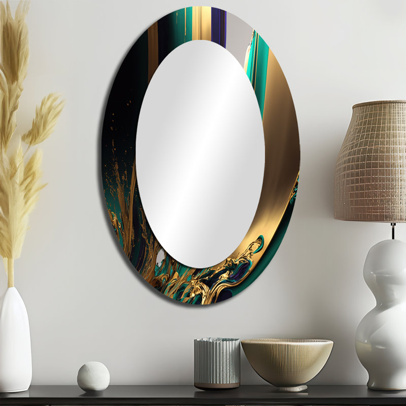 Agate verte et dorée III - Miroir décoratif abstrait ovale sur métal, 36 po x 24 po