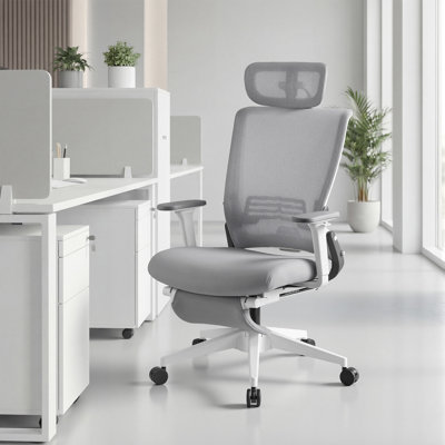 Ergonomic Mesh Office Chair with Foldable Backrest, Adjustable Lumbar Support, 2D Armrests and Retractable Footrest, Minimal Assembly Home Office Desk Chair,Gray