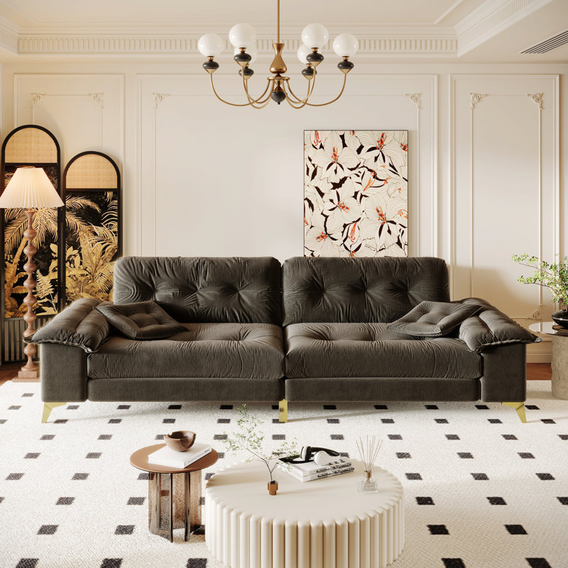4-Seat Sofa With Removable Armrests, Tufted Sofa With Metal Legs, Upholstered Couch With 2 Pillows For Living Room,Bedroom,Apartment