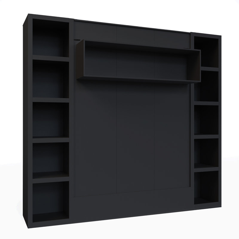 Lit escamotable Easy-Lift en grain de bois avec deux étagères, Complet/Double, Noir
