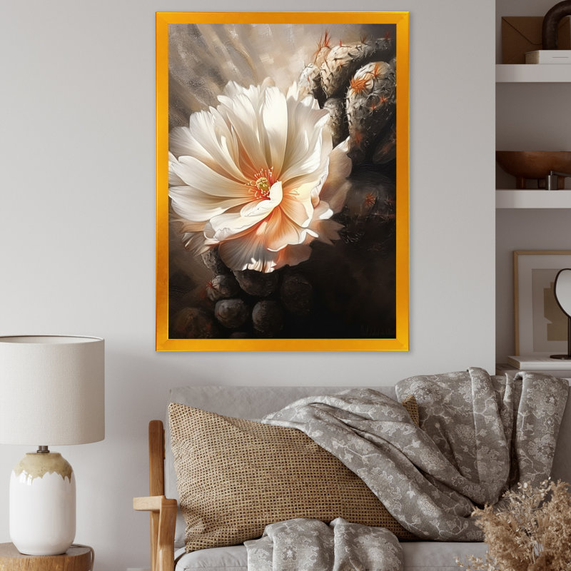 Crème brun, fleur de cactus I - impression, Encadrement doré, H 32 po x l 16 po x P 1 po