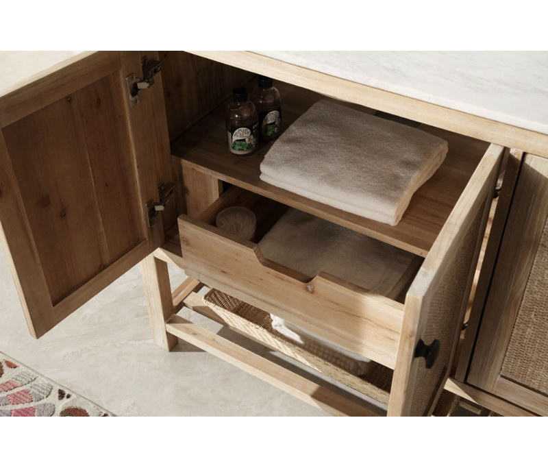 60'' White Wash Fir Wood Double Bathroom Vanity with Marble Top