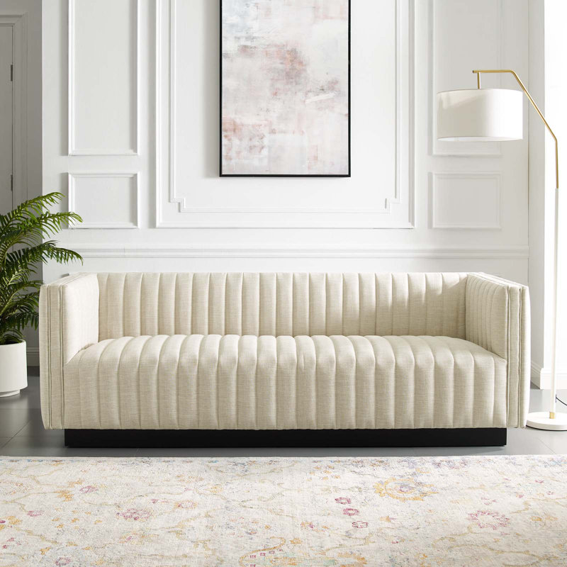 Modway Conjure Channel Tufted Velvet Sofa, Beige Polyester Blend