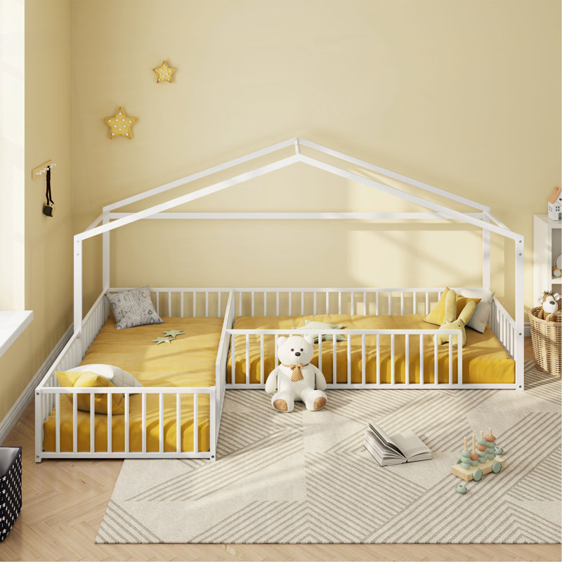 Double Twin Size L-Shaped Montessori Bed, Metal Corner House Bed Frame With Fence, House-Style Floor Bed For 2 Kids, Without Slats