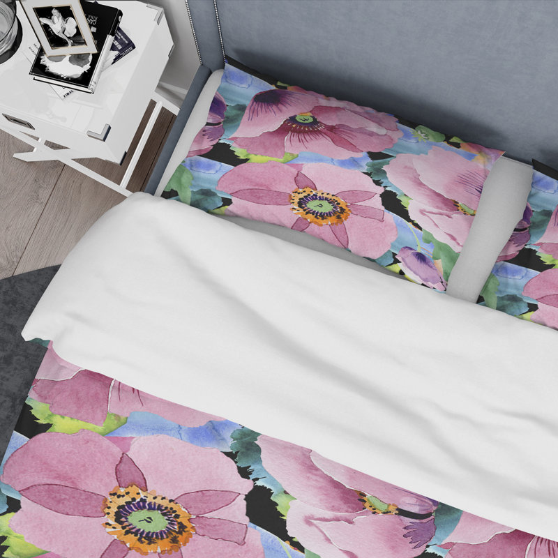 Fleurs de coquelicot roses et bleues - Ensemble de housse de couette floral - Polyester en microfibre