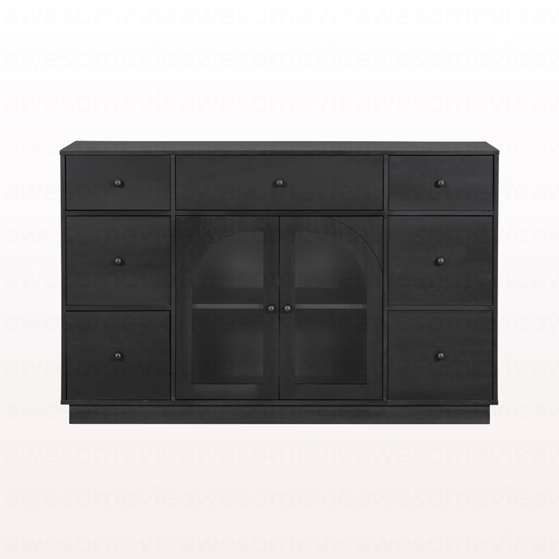 Cabinet With Storage For Living And Dining Room Entrance, Large Size, 2 Doors And 7 Drawers, Black, Black
