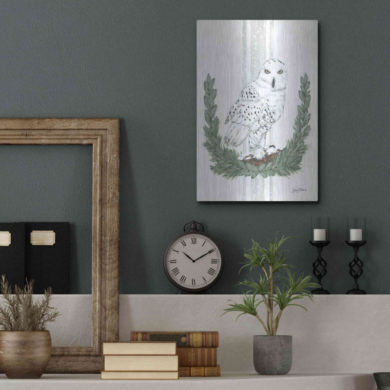 «Arctic Winter Owl» par Sara Baker, art mural en métal, H 16 po x l 12 po