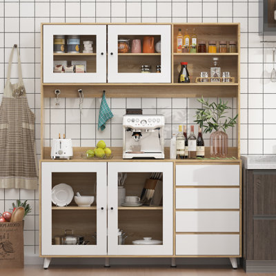 Armoire de cuisine de 76,8 po avec portes en verre, tiroirs et tablettes ouvertes Arli - Huche de rangement multicolore pour la salle à manger