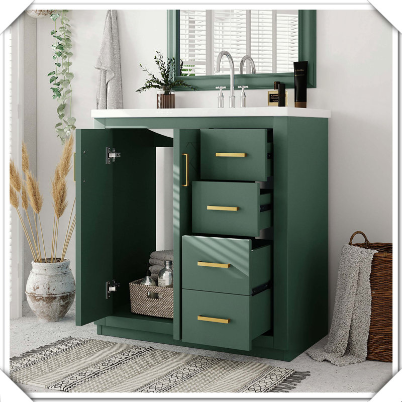 Meuble-lavabo autoportant en bois massif avec tiroirs en céramique, Vert