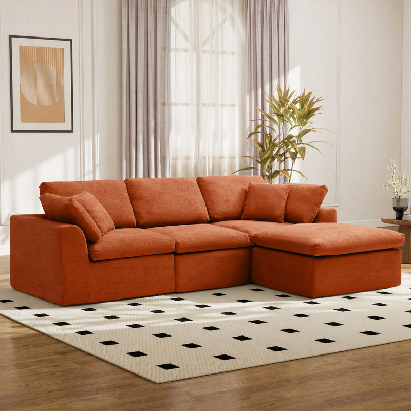 Boneless Comfy L Shaped Sectional Modular Cloud Sofa with Ottoman, Oversized Compression Deep Seat Couch, 3 Seater Living Room Set