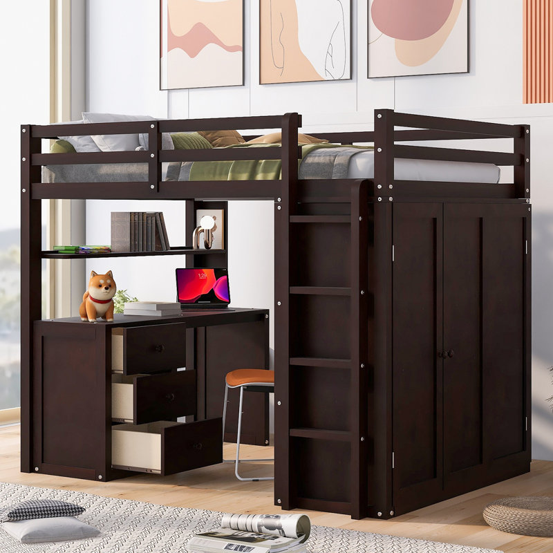 Lit mezzanine avec tiroirs, bureau et garde-robe, Espresso