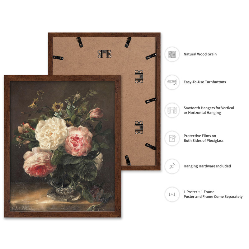 Nature morte avec des fleurs dans un vase en cristal, 08"H x 10"W, Poster, Brown Framed