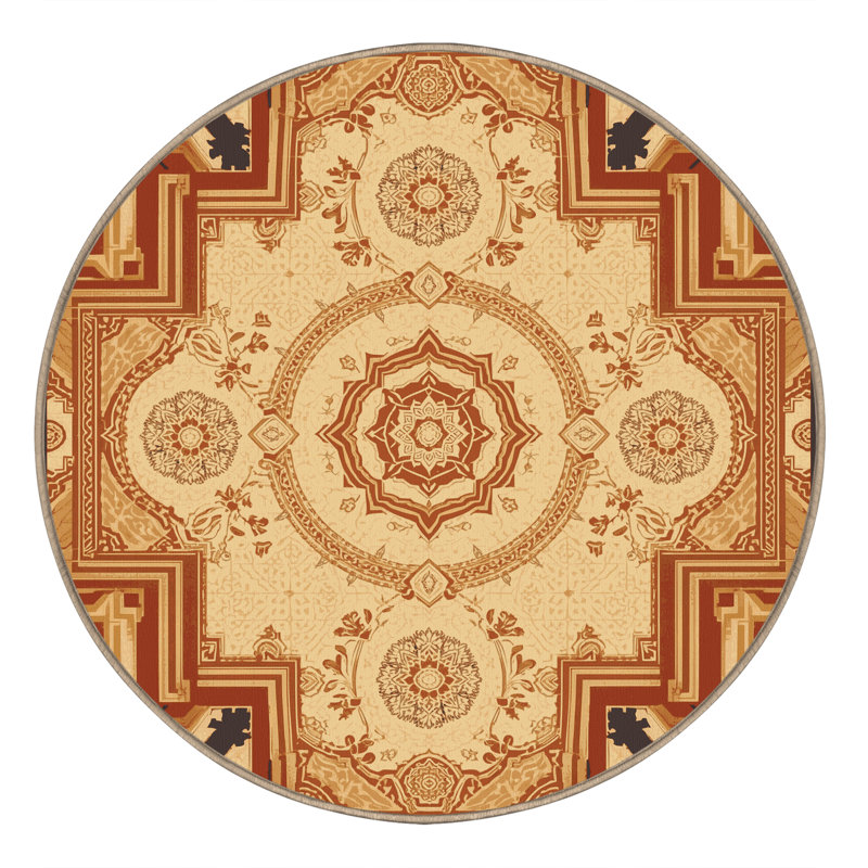 Tapis oriental traditionnel beige et brun lavable à la machine Pauleth, Rond 3 pi